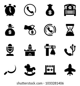 Solid vector icon set - alarm clock vector, phone, money bag, chest, encashment, horn, sand, microphone, fort, ship bell, sickle, rocking horse, abacus, toy plane