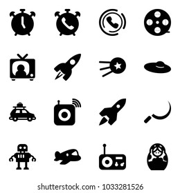 Solid vector icon set - alarm clock vector, phone, horn, film coil, tv news, rocket, first satellite, woman hat, car baggage, wireless speaker, sickle, robot, plane toy, radio, russian doll