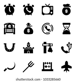 Solid vector icon set - alarm clock vector, phone, tv, money bag, chest, horn, sand, luck, fort, ship bell, sickle, farm fork, abacus, toy plane