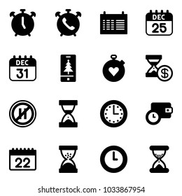 Solid vector icon set - alarm clock vector, phone, schedule, 25 dec calendar, 31, christmas mobile, stopwatch heart, account history, no parking even road sign, sand, time, wallet