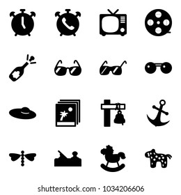 Solid vector icon set - alarm clock vector, phone, tv, film coil, fizz opening, sunglasses, woman hat, photo, ship bell, anchor, dragonfly, jointer, rocking horse, toy