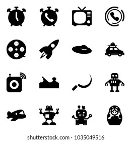 Solid vector icon set - alarm clock vector, phone, tv, horn, film coil, rocket, woman hat, car baggage, wireless speaker, jointer, sickle, robot, plane toy, russian doll