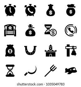 Solid vector icon set - alarm clock vector, phone, money bag, chest, account history, horn, luck, sand fort, ship bell, sickle, farm fork, plane toy