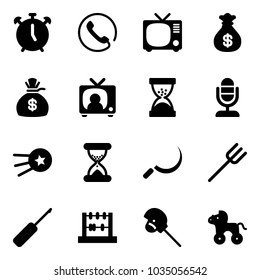 Solid vector icon set - alarm clock vector, phone, tv, money bag, news, sand, microphone, first satellite, sickle, farm fork, awl, abacus, horse stick toy, wheel