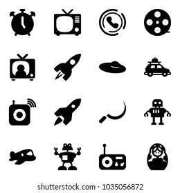 Solid vector icon set - alarm clock vector, tv, phone horn, film coil, news, rocket, woman hat, car baggage, wireless speaker, sickle, robot, plane toy, radio, russian doll