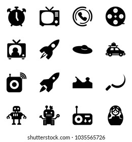 Solid vector icon set - alarm clock vector, tv, phone horn, film coil, news, rocket, woman hat, car baggage, wireless speaker, jointer, sickle, robot, radio, russian doll