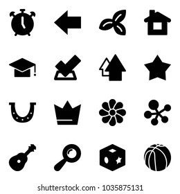 Solid vector icon set - alarm clock vector, left arrow, three leafs, home, graduate hat, check, up, star medal, luck, crown, flower, molecule, guitar, beanbag, cube toy, basketball