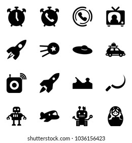 Solid vector icon set - alarm clock vector, phone, horn, tv news, rocket, first satellite, woman hat, car baggage, wireless speaker, jointer, sickle, robot, plane toy, russian doll