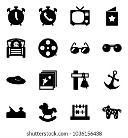 Solid vector icon set - alarm clock vector, phone, tv, star postcard, money chest, film coil, sunglasses, woman hat, photo, ship bell, anchor, jointer, rocking horse, abacus, toy