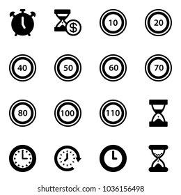 Solid vector icon set - alarm clock vector, account history, speed limit 10 road sign, 20, 40, 50, 60, 70, 80, 100, 110, sand, time, around