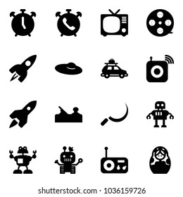 Solid vector icon set - alarm clock vector, phone, tv, film coil, rocket, woman hat, car baggage, wireless speaker, jointer, sickle, robot, radio, russian doll