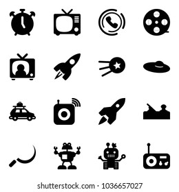 Solid vector icon set - alarm clock vector, tv, phone horn, film coil, news, rocket, first satellite, woman hat, car baggage, wireless speaker, jointer, sickle, robot, radio
