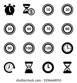 Solid vector icon set - alarm clock vector, account history, speed limit 10 road sign, 20, 50, 60, 70, 80, 90, 100, 120, time, around, sand