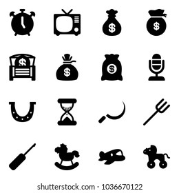 Solid vector icon set - alarm clock vector, tv, money bag, chest, microphone, luck, sand, sickle, farm fork, awl, rocking horse, plane toy, wheel