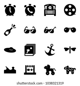 Solid vector icon set - alarm clock vector, phone, money chest, film coil, fizz opening, sunglasses, woman hat, photo, anchor, dragonfly, jointer, abacus, wheel horse, toy