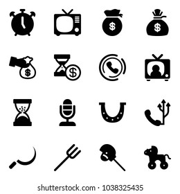 Solid vector icon set - alarm clock vector, tv, money bag, encashment, account history, phone horn, news, sand, microphone, luck, sickle, farm fork, horse stick toy, wheel