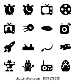 Solid vector icon set - alarm clock vector, phone, tv, film coil, news, first satellite, woman hat, wireless speaker, rocket, jointer, sickle, plane toy, robot, radio, russian doll