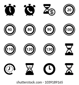 Solid vector icon set - alarm clock vector, phone, account history, speed limit 20 road sign, 40, 80, 90, 100, 110, 120, 130, sand, around