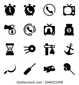 Solid vector icon set - alarm clock vector, phone, tv, encashment, horn, news, money bag, sand, first satellite, ship bell, anchor, sickle, awl, plane toy, horse stick