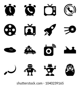 Solid vector icon set - alarm clock vector, phone, tv, horn, film coil, news, rocket, first satellite, woman hat, car baggage, wireless speaker, jointer, sickle, robot, russian doll