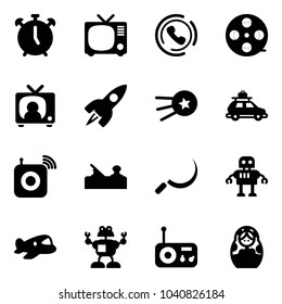 Solid vector icon set - alarm clock vector, tv, phone horn, film coil, news, rocket, first satellite, car baggage, wireless speaker, jointer, sickle, robot, plane toy, radio, russian doll