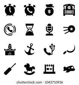 Solid vector icon set - alarm clock vector, phone, money bag, chest, horn, sand, microphone, first satellite, fort, anchor, sickle, awl, rocking horse, abacus, plane toy