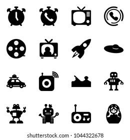 Solid vector icon set - alarm clock vector, phone, tv, horn, film coil, news, rocket, woman hat, car baggage, wireless speaker, jointer, robot, radio, russian doll