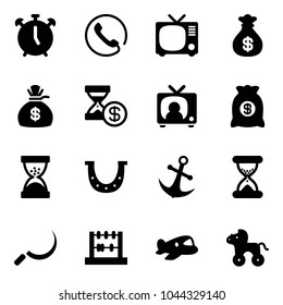 Solid vector icon set - alarm clock vector, phone, tv, money bag, account history, news, sand, luck, anchor, sickle, abacus, plane toy, wheel horse