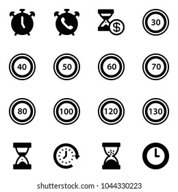 Solid vector icon set - alarm clock vector, phone, account history, speed limit 30 road sign, 40, 50, 60, 70, 80, 100, 120, 130, sand, around