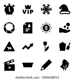 Solid vector icon set - alarm clock vector, vip, snowflake, christmas hat, wreath, patient card, dollar sun, cash pay, cow road sign, growth arrow, tulip, bucket scoop, movie flap, basin, pencil