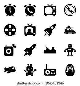 Solid vector icon set - alarm clock vector, phone, tv, horn, film coil, news, rocket, car baggage, wireless speaker, jointer, robot, plane toy, radio, russian doll