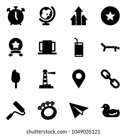 Solid vector icon set - alarm clock vector, globe, arrows up, star medal, doors, drink, lounger, ice cream, lighthouse, navigation pin, link, paint roller, beanbag, paper plane, toy duck