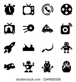 Solid vector icon set - alarm clock vector, tv, phone horn, film coil, news, first satellite, car baggage, wireless speaker, rocket, jointer, sickle, robot, plane toy, russian doll