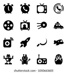 Solid vector icon set - alarm clock vector, phone, tv, horn, film coil, news, first satellite, car baggage, wireless speaker, rocket, sickle, plane toy, robot, radio, russian doll
