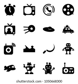 Solid vector icon set - alarm clock vector, tv, phone horn, film coil, news, first satellite, woman hat, car baggage, wireless speaker, jointer, sickle, robot, plane toy, radio