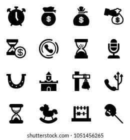 Solid vector icon set - alarm clock vector, money bag, encashment, account history, phone horn, sand, microphone, luck, fort, ship bell, rocking horse, abacus, stick toy