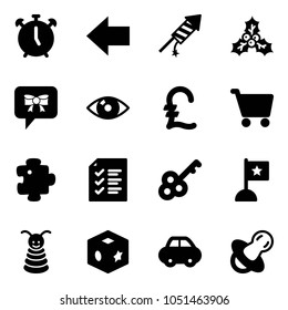 Solid vector icon set - alarm clock vector, left arrow, firework rocket, holly, bow message, eye, pound, cart, puzzle, list, key, flag, pyramid toy, cube, car, soother
