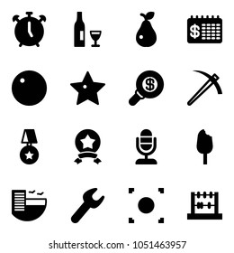 Solid vector icon set - alarm clock vector, wine, pear, finance calendar, record, star, search money, job, medal, microphone, ice cream, hotel, wrench, button, abacus