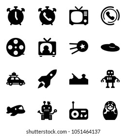 Solid vector icon set - alarm clock vector, phone, tv, horn, film coil, news, first satellite, woman hat, car baggage, rocket, jointer, robot, plane toy, radio, russian doll