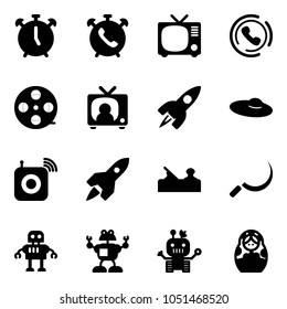 Solid vector icon set - alarm clock vector, phone, tv, horn, film coil, news, rocket, woman hat, wireless speaker, jointer, sickle, robot, russian doll