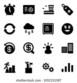 Solid vector icon set - alarm clock vector, safe, airport building, medical label, exchange, money rain, dollar smile, back, click, idea, career, win, gear, chart