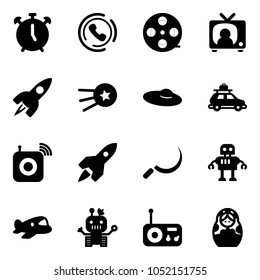 Solid vector icon set - alarm clock vector, phone horn, film coil, tv news, rocket, first satellite, woman hat, car baggage, wireless speaker, sickle, robot, plane toy, radio, russian doll