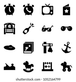 Solid vector icon set - alarm clock vector, phone, tv, star postcard, money chest, fizz opening, sunglasses, woman hat, photo, ship bell, anchor, jointer, rocking horse, abacus, wheel