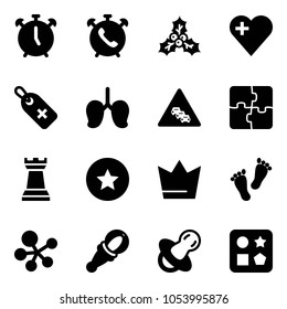 Solid vector icon set - alarm clock vector, phone, holly, heart, medical label, lungs, multi lane traffic road sign, puzzle, chess tower, star medal, crown, feet, molecule, beanbag, soother