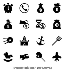 Solid vector icon set - alarm clock vector, phone, money bag, encashment, account history, first satellite, sand fort, anchor, farm fork, rocking horse, plane toy, stick