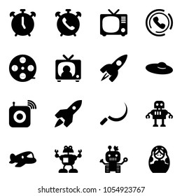 Solid vector icon set - alarm clock vector, phone, tv, horn, film coil, news, rocket, woman hat, wireless speaker, sickle, robot, plane toy, russian doll
