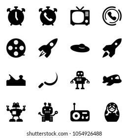 Solid vector icon set - alarm clock vector, phone, tv, horn, film coil, rocket, woman hat, jointer, sickle, robot, plane toy, radio, russian doll