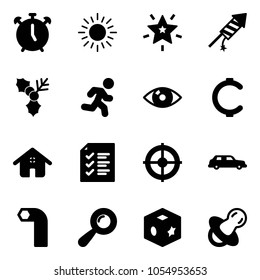 Solid vector icon set - alarm clock vector, sun, christmas star, firework rocket, holly, run, eye, cent, home, list, target, limousine, allen key, beanbag, cube toy, soother