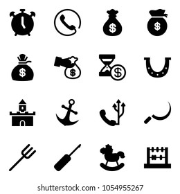 Solid vector icon set - alarm clock vector, phone, money bag, encashment, account history, luck, sand fort, anchor, sickle, farm fork, awl, rocking horse, abacus
