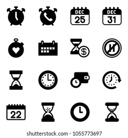 Solid vector icon set - alarm clock vector, phone, 25 dec calendar, 31, stopwatch heart, schedule, account history, no parking even road sign, sand, time, wallet, around